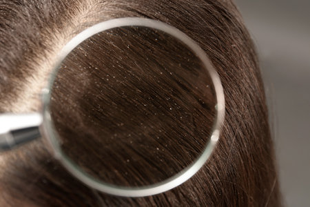 Closeup of woman with dandruff in her hair, view through magnifying glassの写真素材