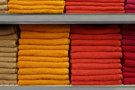 Stacks of colorful towels on store shelvesの写真素材