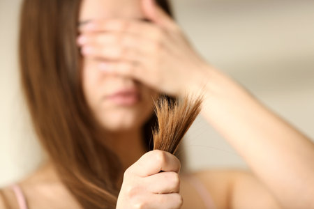 Emotional woman with damaged hair on blurred background, selective focus. split endsの写真素材