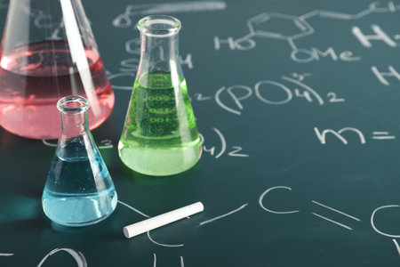 Laboratory glassware on blackboard with chemical formulas, closeupの写真素材