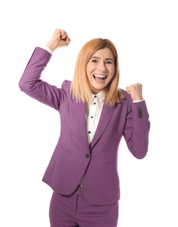 Portrait of emotional businesswoman on white backgroundの写真素材