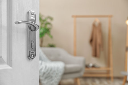 Stylish room interior, view through open doorの写真素材