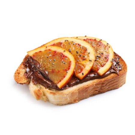 Tasty toast with chocolate paste, orange and chia seeds on white backgroundの写真素材