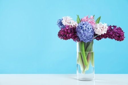 Beautiful hyacinths in glass vase on table against color background, space for text. spring flowersの写真素材