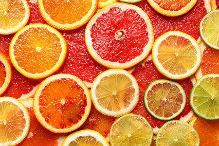Slices of fresh citrus fruits as background, top viewの写真素材
