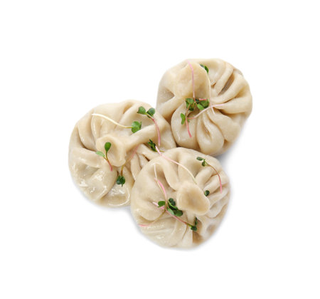 Tasty baozi dumplings with sprouts on white background, top viewの写真素材