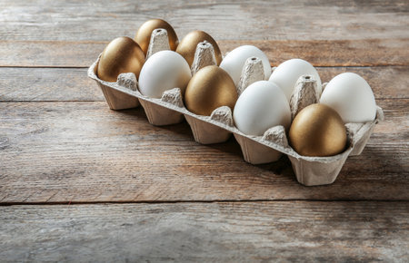 Golden eggs among others in cardboard on wooden background, space for text
