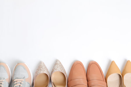 Different shoes on white background, top viewの写真素材