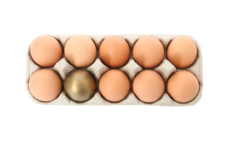 One golden egg among others in cardboard on white background , top viewの写真素材