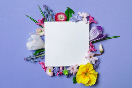Flat lay composition with spring hyacinth flowers and blank card on color background, space for textの写真素材