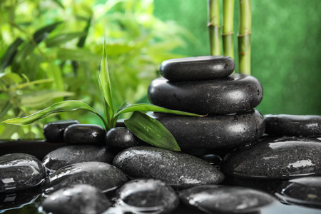 Zen stones and bamboo leaves in water on blurred background. Space for textの写真素材