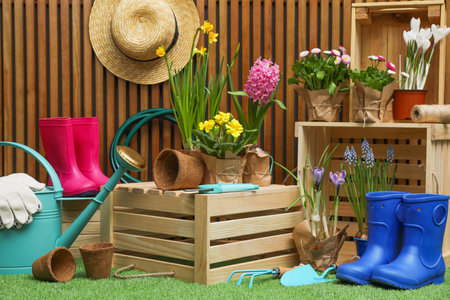 Composition with different gardening tools on artificial grass on wooden wallの写真素材