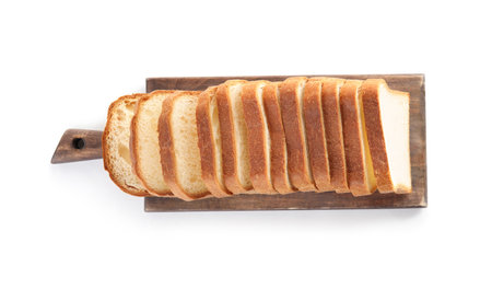 Wooden board with tasty bread on white background, top view