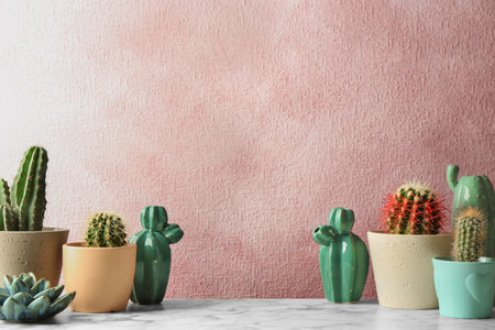Different potted cacti on table near color background, space for text. interior decorの写真素材