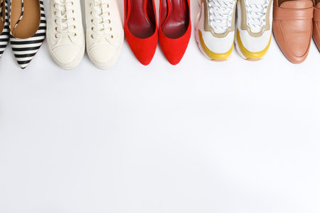 Different shoes on white background, top viewの写真素材