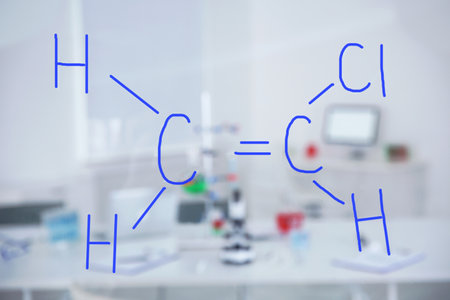 Chemical formula written by medical students on glass whiteboard in laboratoryの写真素材