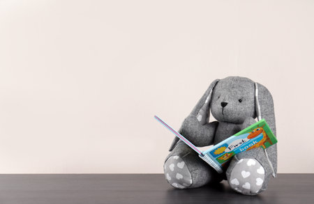 Adorable stuffed bunny with book on table against light background, space for text. child room elementsの写真素材