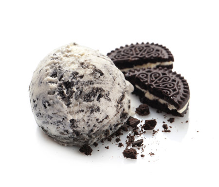 Delicious ball of ice cream with chocolate cookie on white backgroundの写真素材