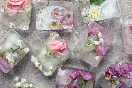 Floral ice cubes on table, flat layの写真素材