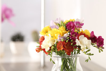 Vase with bright spring freesia flowers on table. Space for textの写真素材