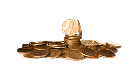 Pile of US coins isolated on whiteの写真素材