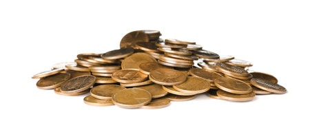 Pile of US coins isolated on whiteの写真素材