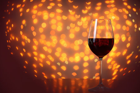 Glass of wine on table against blurred lights. Space for textの写真素材