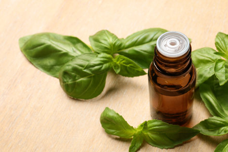 Bottle of basil essential oil and fresh leaves on wooden table. Space for textの写真素材