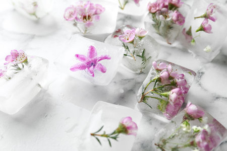 Floral ice cubes on marble tableの写真素材