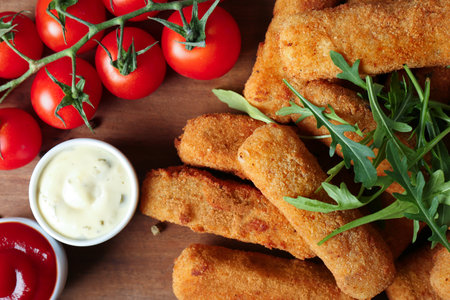Cheese sticks with sauces and tomatoes on wooden background, closeupの写真素材