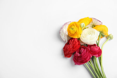 Beautiful ranunculus flowers on white background, top viewの写真素材