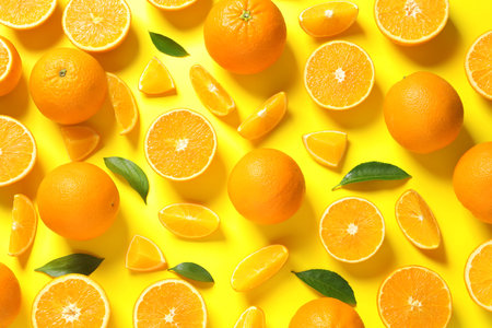Flat lay composition with ripe oranges on color background