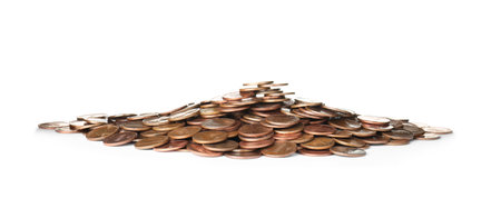 Pile of US coins isolated on whiteの写真素材