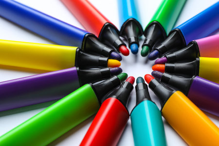 Composition with colorful markers on white background. rainbow paletteの写真素材
