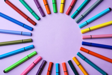 Flat lay composition with markers and space for text on color background. rainbow paletteの写真素材