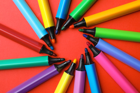 Flat lay composition with markers and space for text on color background. rainbow paletteの写真素材