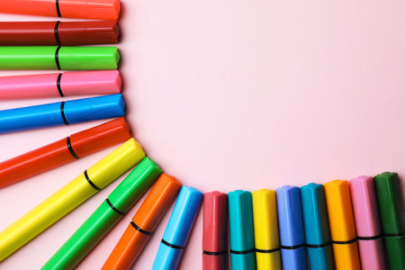 Flat lay composition with markers and space for text on color background. rainbow paletteの写真素材