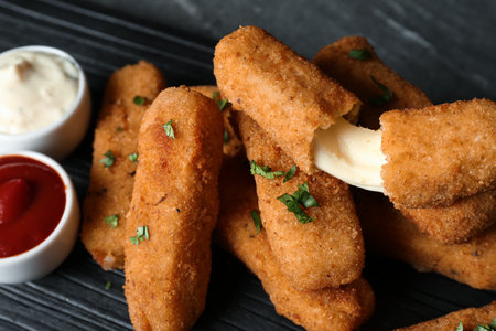 Pile of tasty cheese sticks and sauces on table, closeup