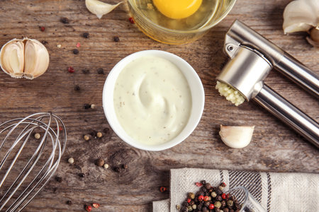 Flat lay composition with garlic sauce on wooden backgroundの写真素材