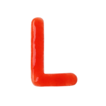 Letter L written with red sauce on white backgroundの写真素材
