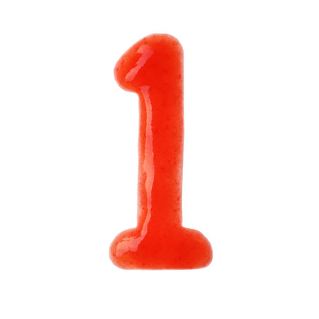 Number 1 written with red sauce on white backgroundの写真素材