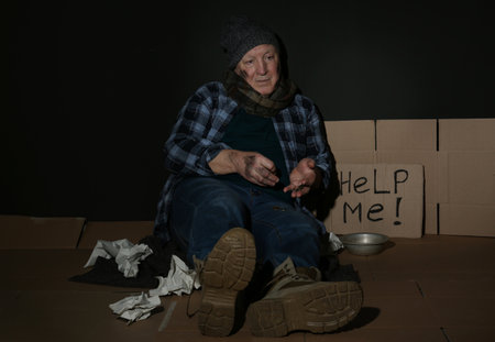 Poor man senior counting coins near cardboard sign HELP ME and dark wall