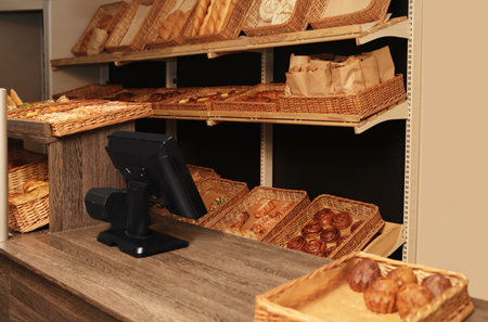 Fresh products and cashier desk in bakery