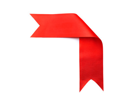 Simple red ribbon on white background, top view. Festive decorationの写真素材