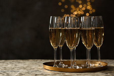 Tray with glasses of champagne on table against blurred lights. Space for textの写真素材