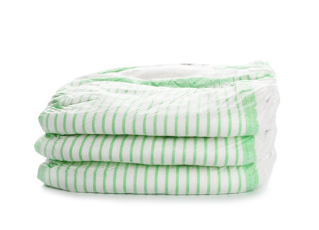 Stack of disposable diapers on white background. baby accessoriesの写真素材