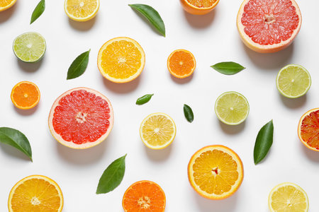 Flat lay composition with different citrus fruits on white backgroundの写真素材