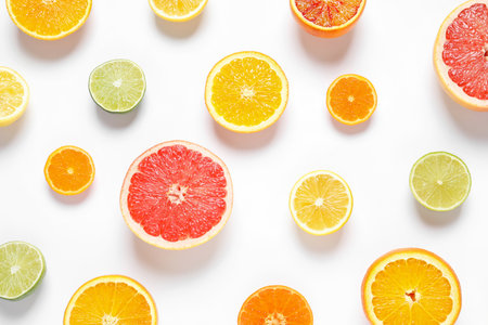 Flat lay composition with different citrus fruits on white backgroundの写真素材