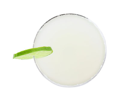 Glass of Margarita cocktail on white background, top view. traditional alcoholic drinksの写真素材