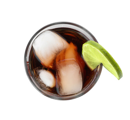 Glass of Rum and Cola cocktail on white background, top view. traditional alcoholic drinksの写真素材